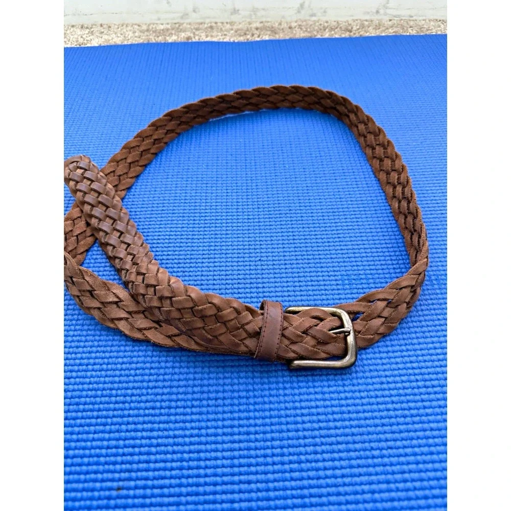 Women's Brown Genuine Leather Braided Belt Size 38/90 Adjustable Buckle